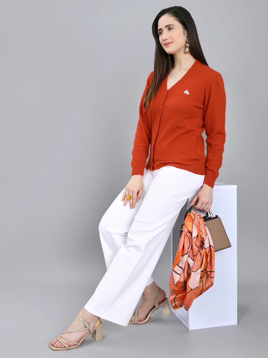 Women Rust Solid V Neck Full Sleeve Cardigan - Image 6