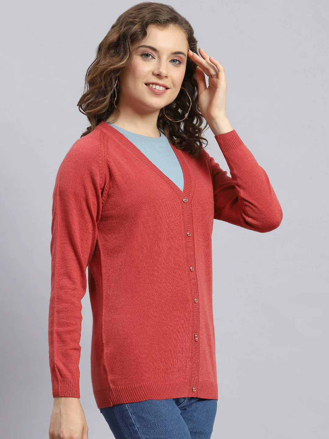 Women Rust Solid V Neck Full Sleeve Cardigans - Image 4