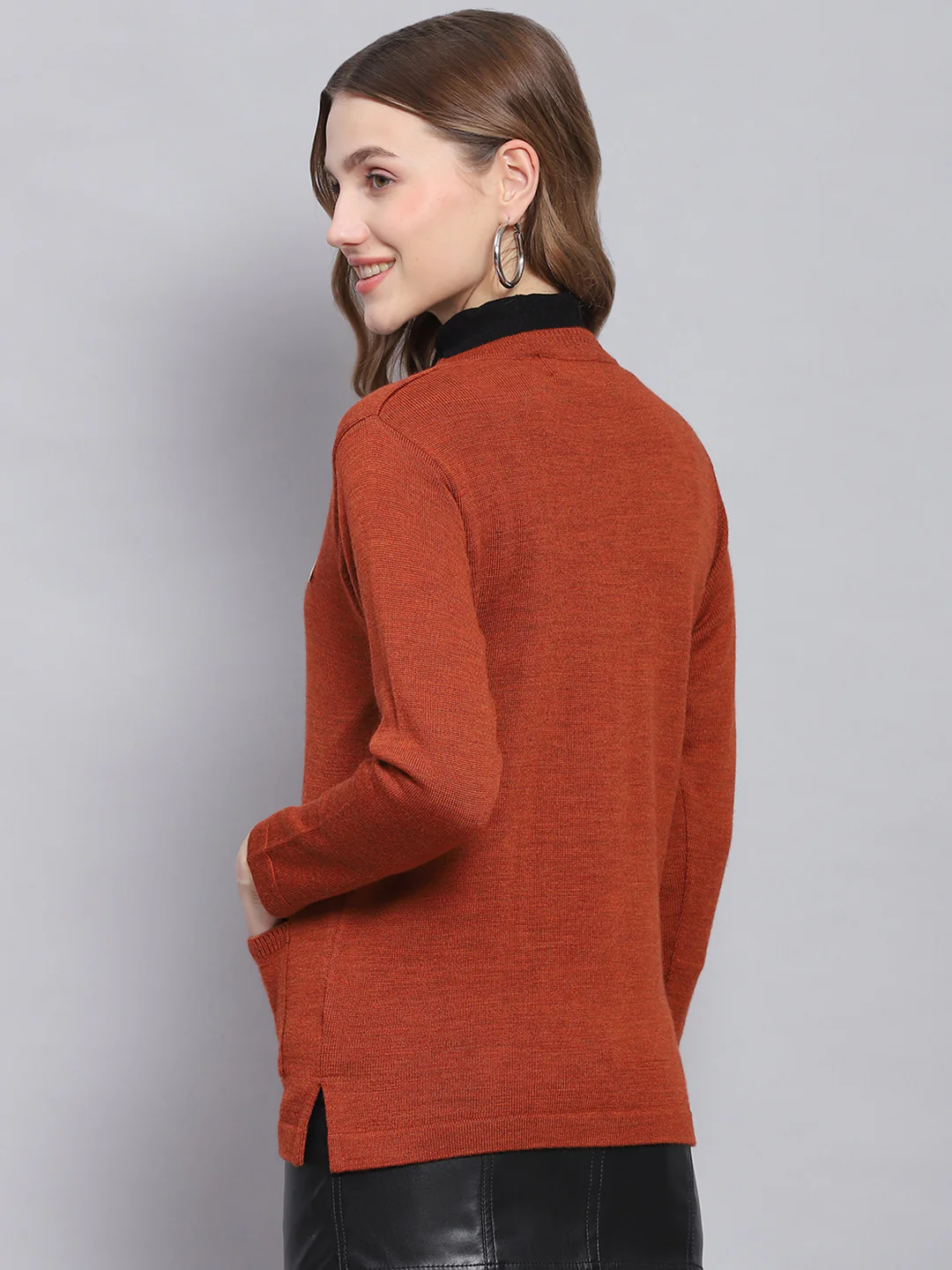 Women Rust Solid V Neck Full Sleeve Cardigans - Image 5