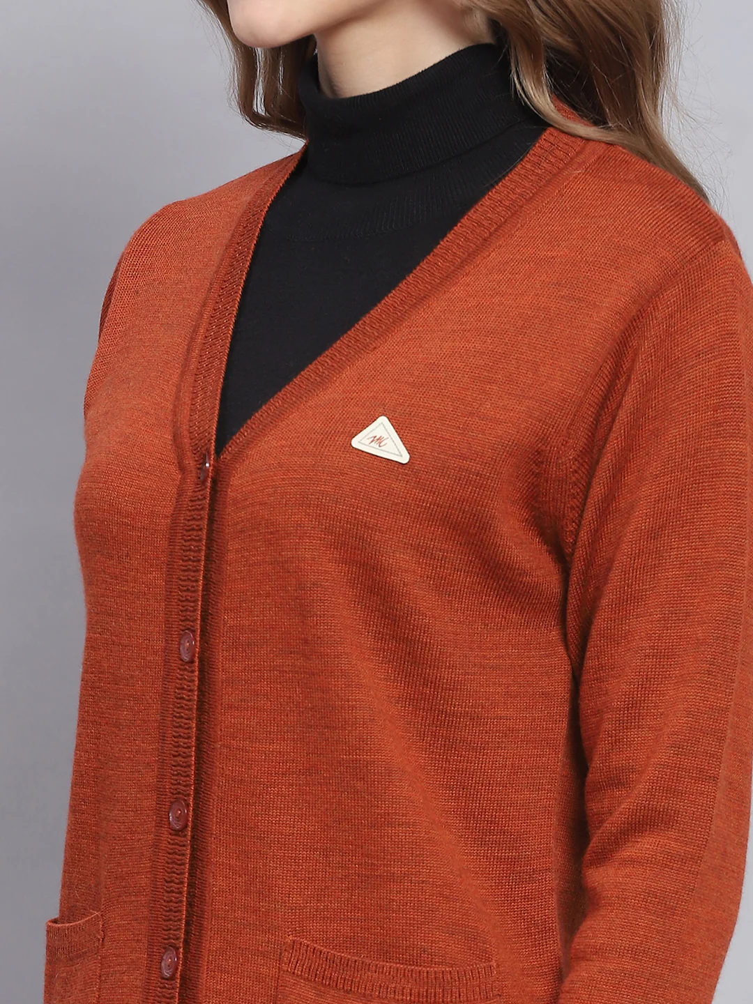 Women Rust Solid V Neck Full Sleeve Cardigans - Image 6