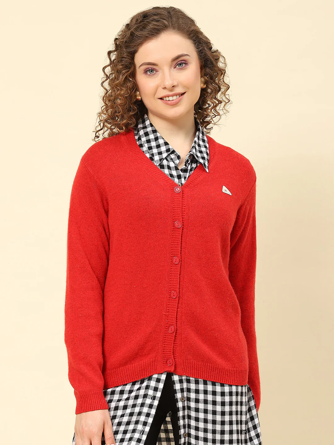 Women Rust Solid V Neck Full Sleeve Cardigans - Image 3
