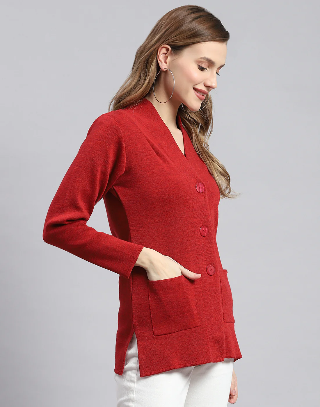 Women Rust Solid V Neck Full Sleeve Cardigans - Image 5