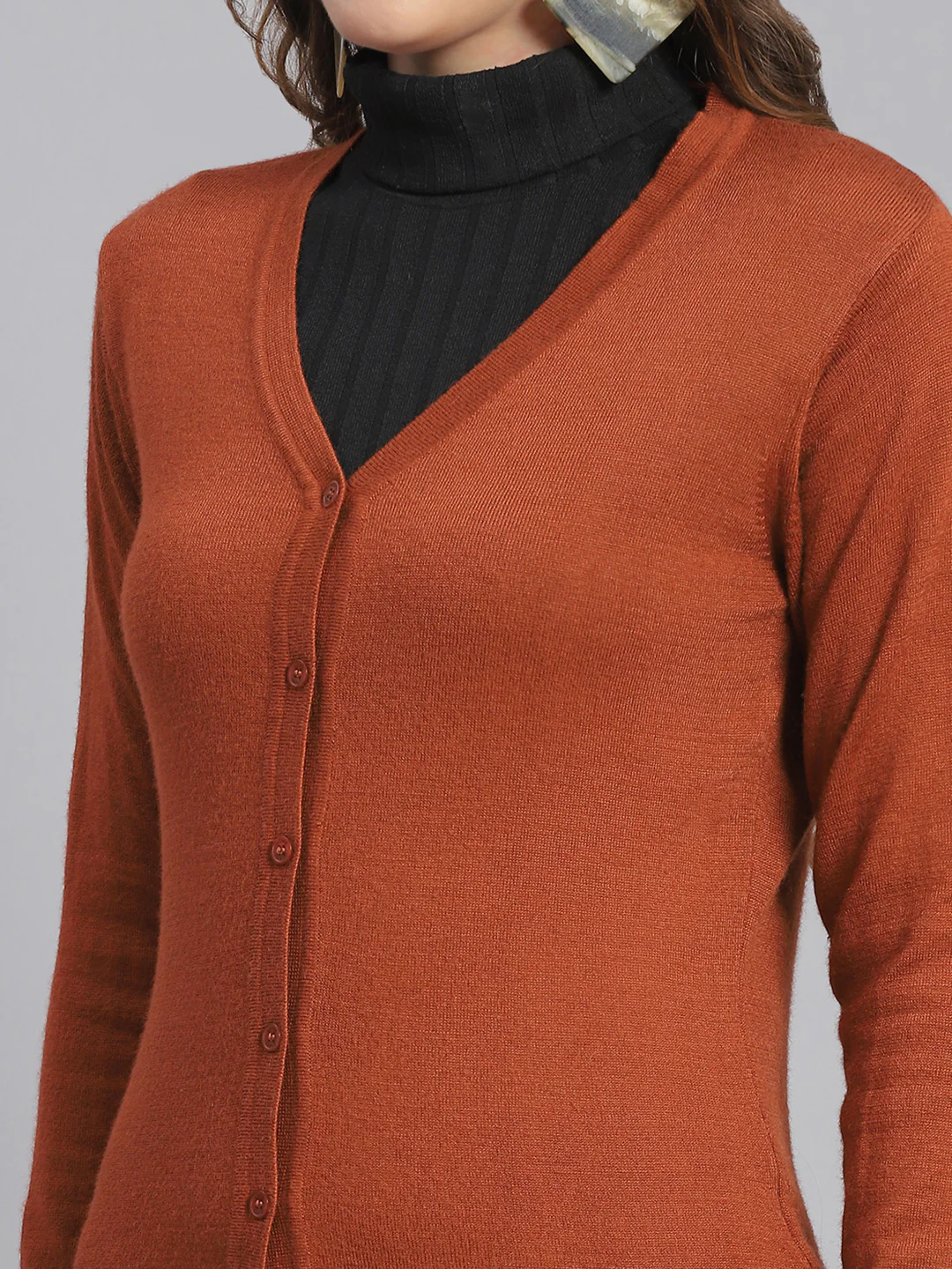 Women Rust Solid V Neck Full Sleeve Cardigans - Image 6