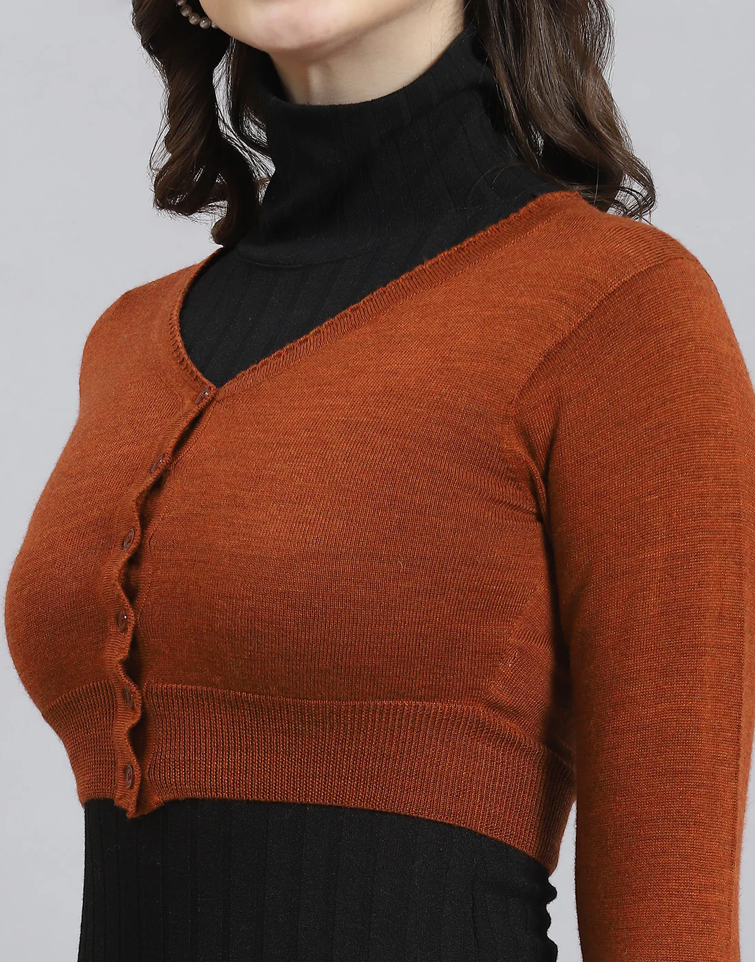 Women Rust Solid V Neck Full Sleeve Sweater - Image 2