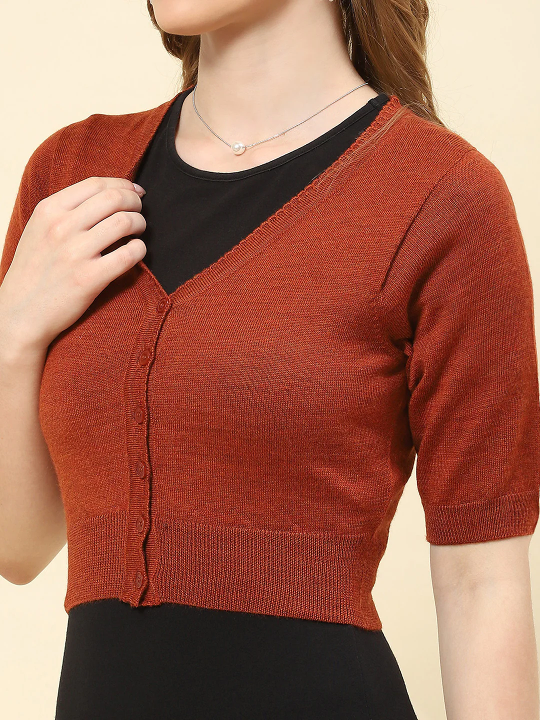 Women Rust Solid V Neck Half Sleeve Blouse - Image 6