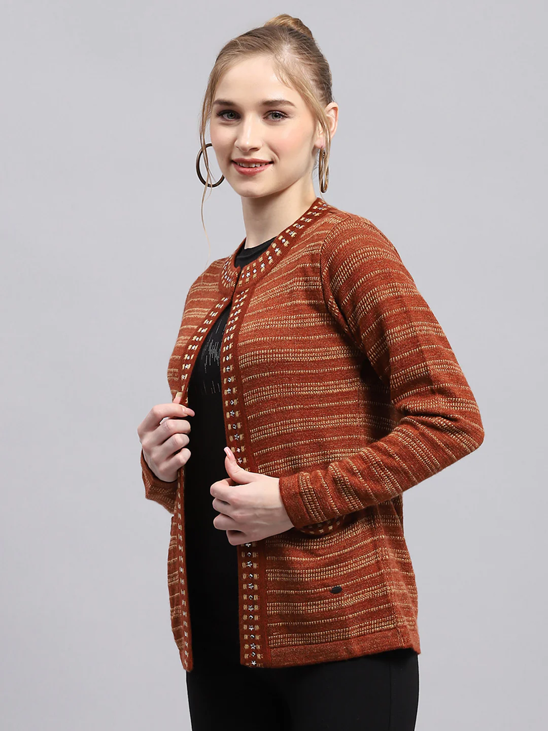 Women Rust Stripe Round Neck Full Sleeve Cardigan - Image 3