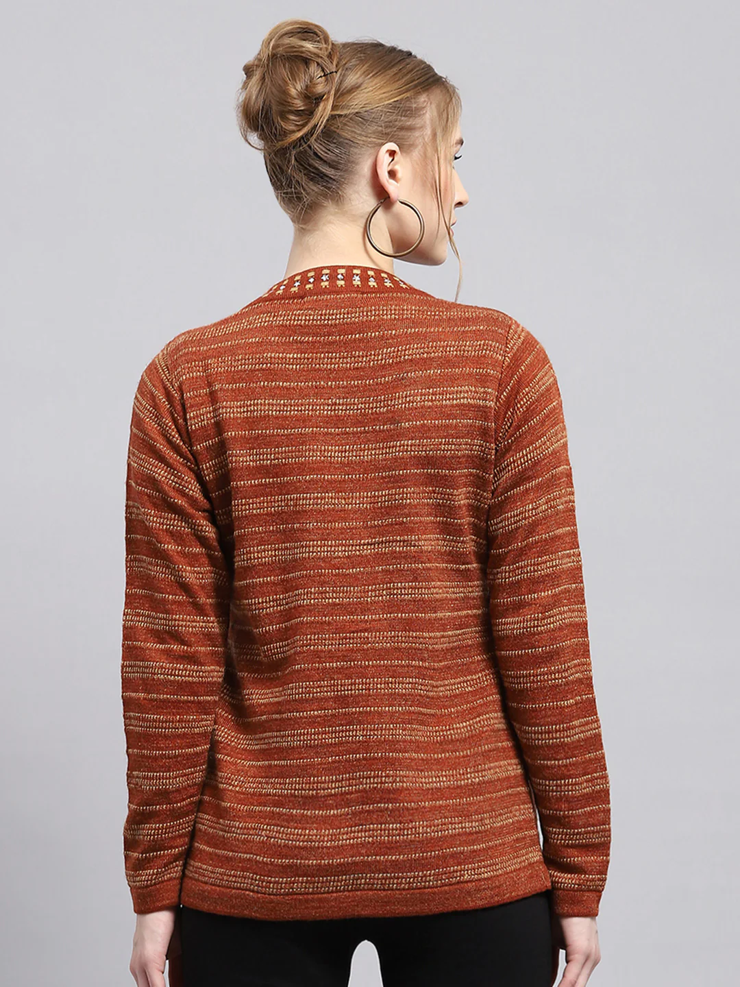 Women Rust Stripe Round Neck Full Sleeve Cardigan - Image 5