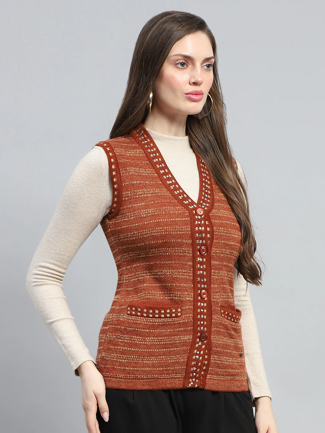 Women Rust Stripe V Neck Sleeveless Cardigan - Image 4