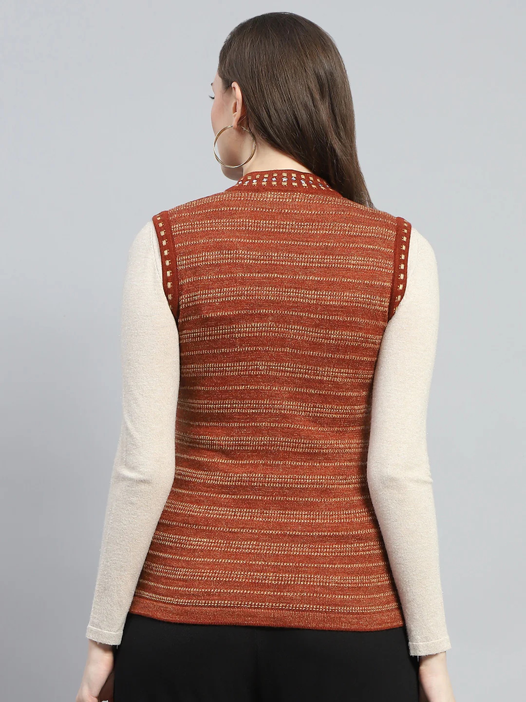 Women Rust Stripe V Neck Sleeveless Cardigan - Image 5