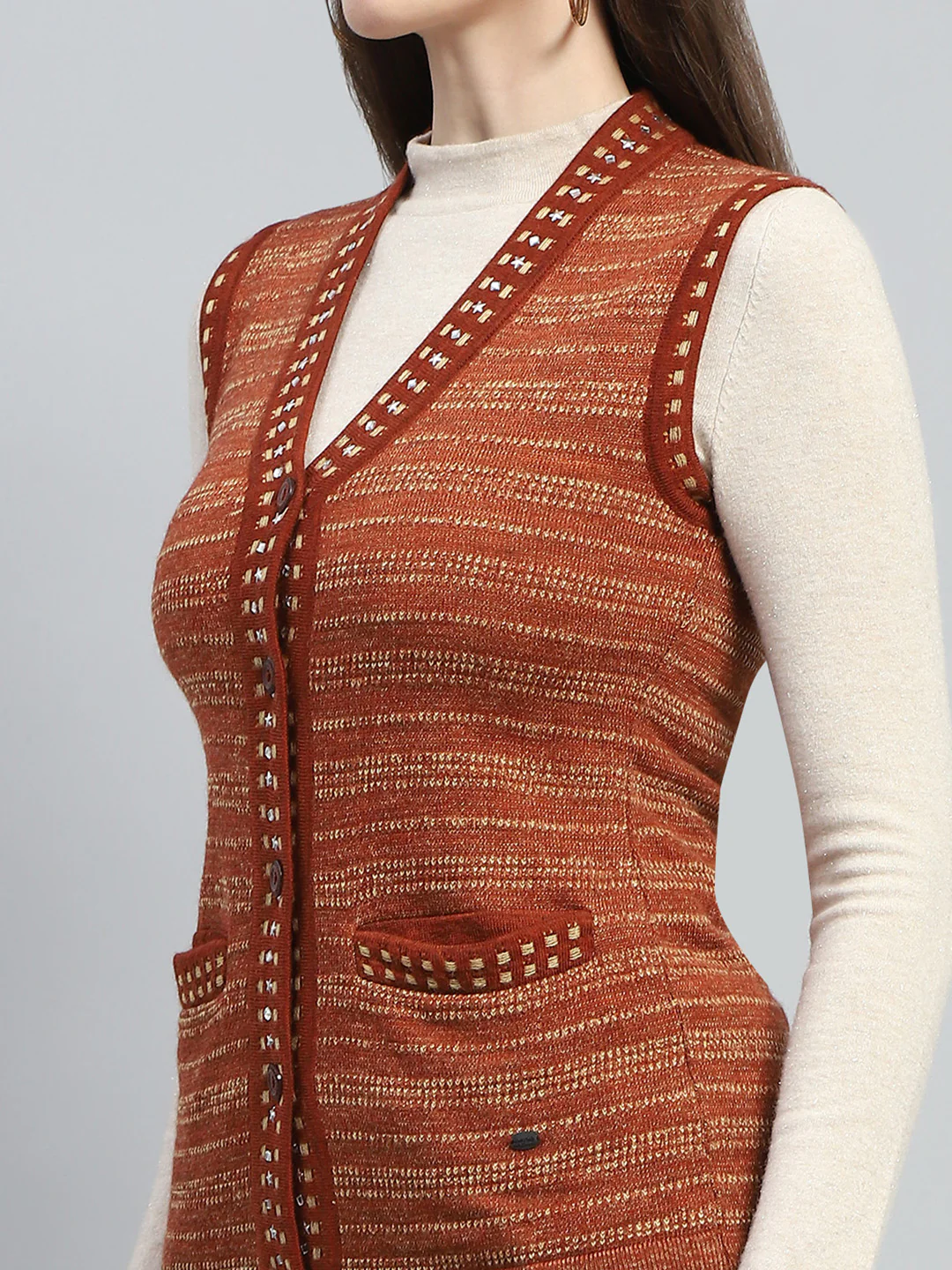 Women Rust Stripe V Neck Sleeveless Cardigan - Image 6