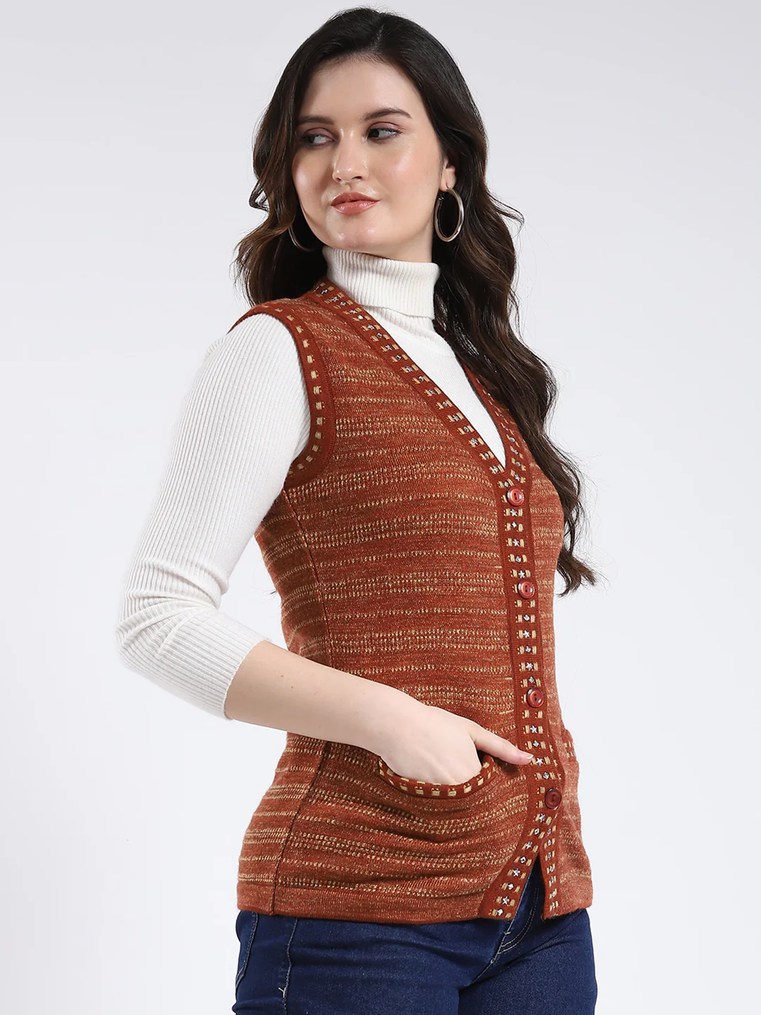 Women Rust Stripe V Neck Sleeveless Cardigan - Image 4