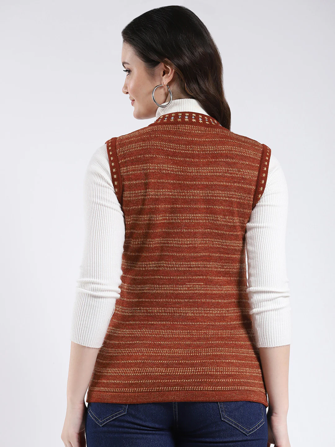 Women Rust Stripe V Neck Sleeveless Cardigan - Image 5
