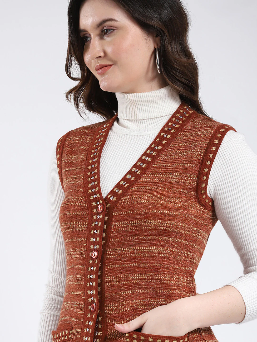 Women Rust Stripe V Neck Sleeveless Cardigan - Image 7