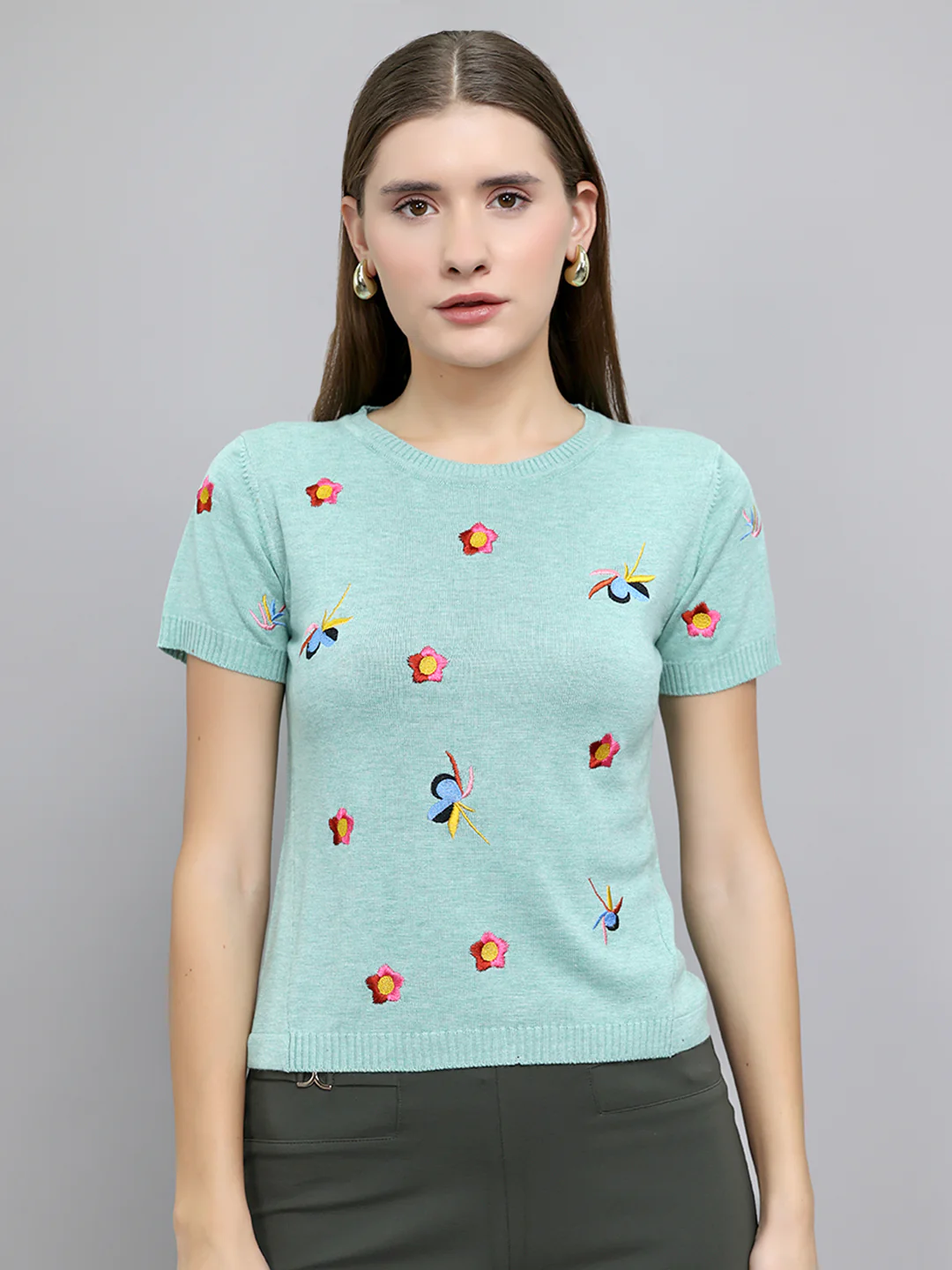Women Sea Green Embroidered Round Neck Half Sleeve Top