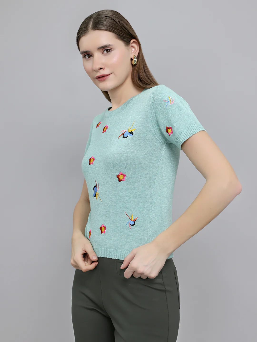 Women Sea Green Embroidered Round Neck Half Sleeve Top - Image 2