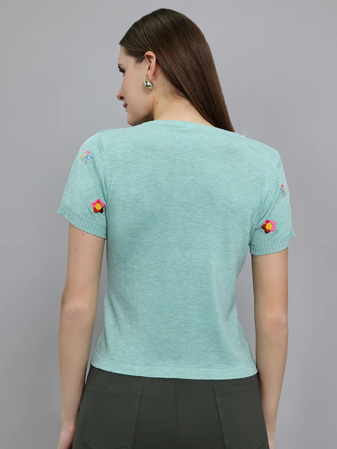 Women Sea Green Embroidered Round Neck Half Sleeve Top - Image 4