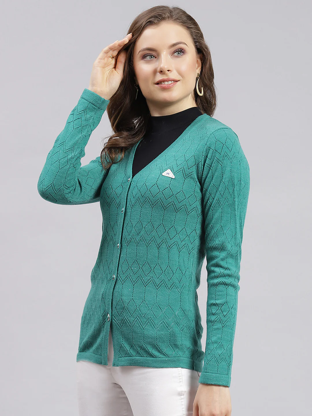 Women Sea Green Jaquard Wool blend Cardigan - Image 4