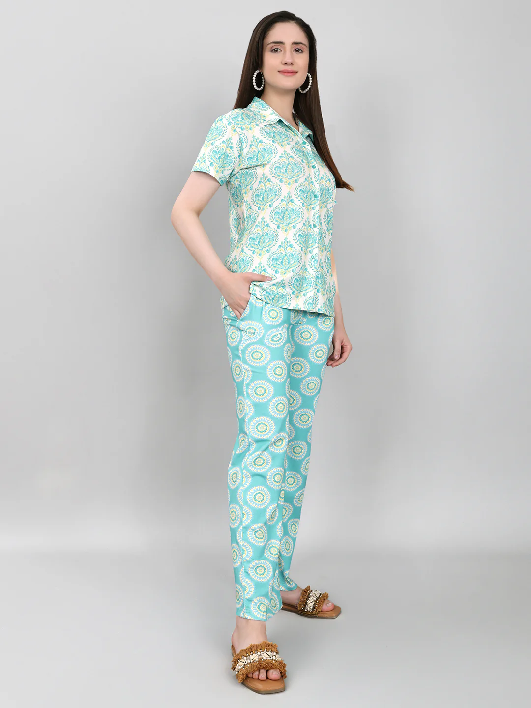 Women Sea Green Printed Collar Half Sleeve Lower Set - Image 2
