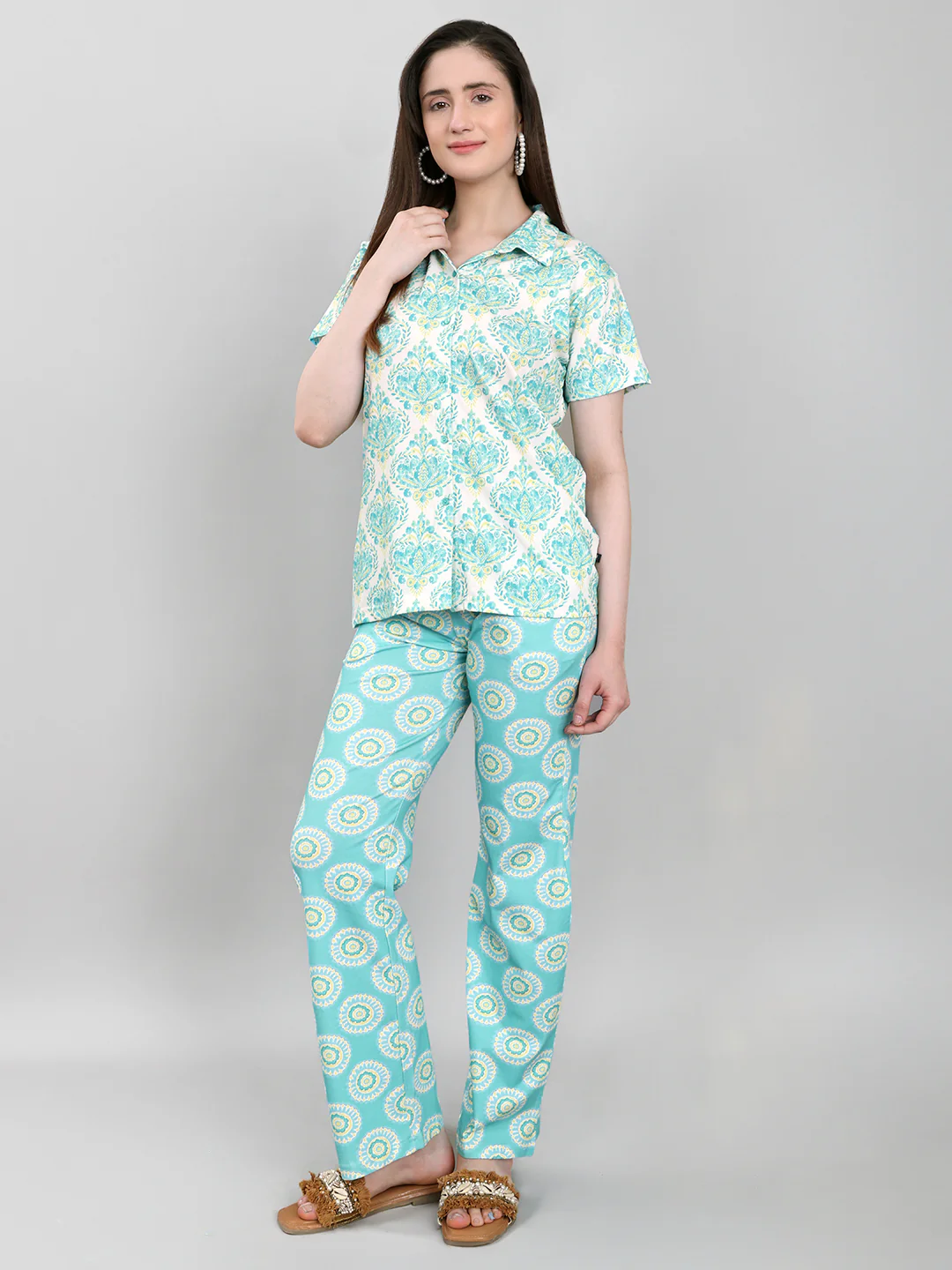 Women Sea Green Printed Collar Half Sleeve Lower Set - Image 3