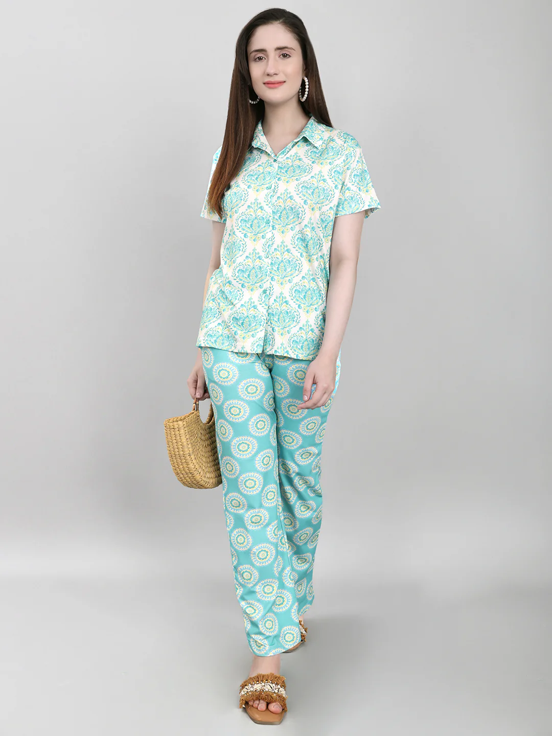 Women Sea Green Printed Collar Half Sleeve Lower Set - Image 7