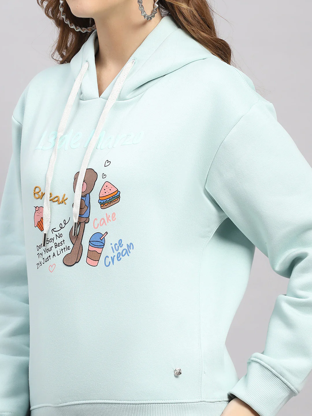 Women Sea Green Printed Hooded Full Sleeve Sweatshirt - Image 6