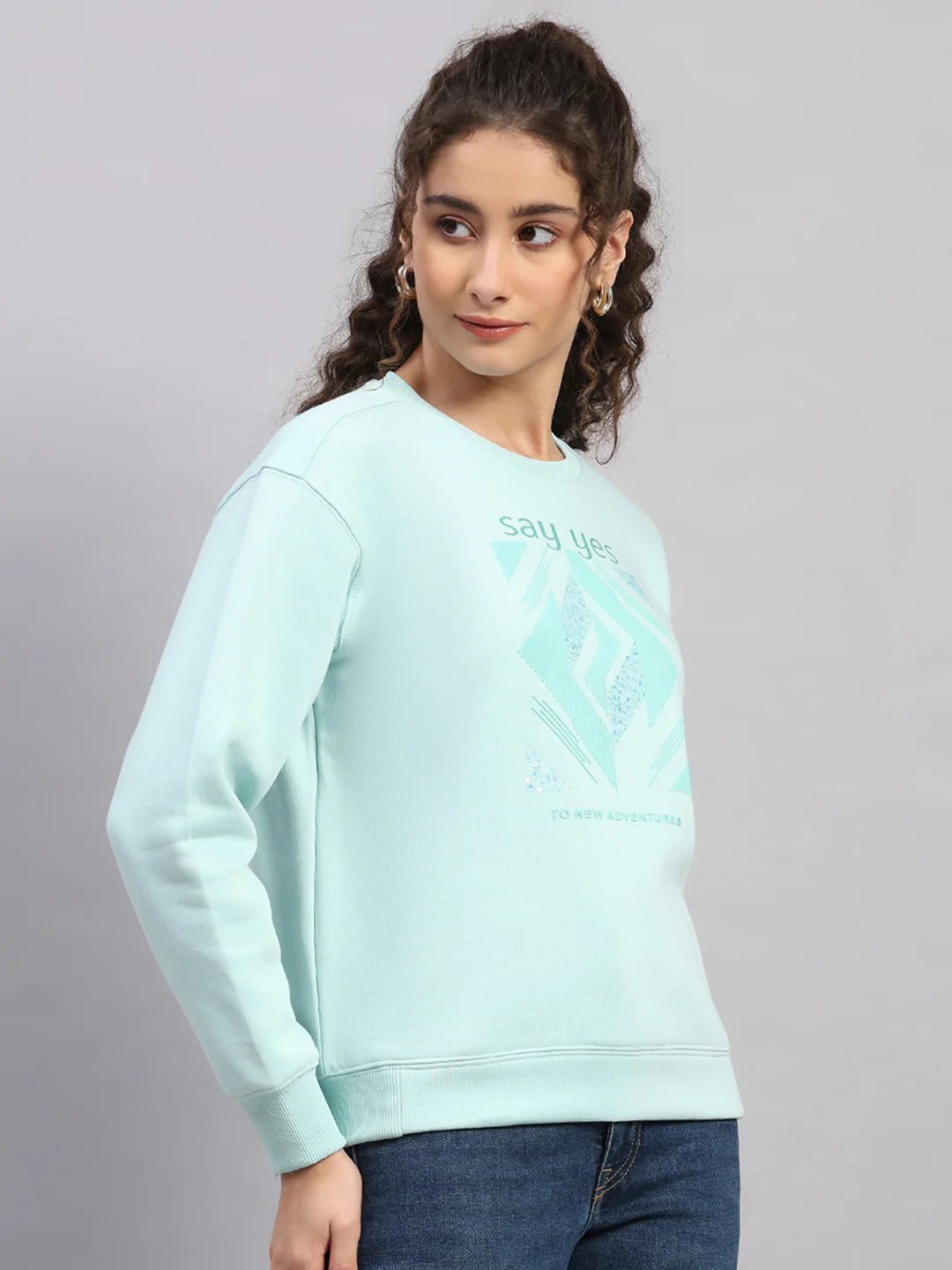 Women Sea Green Printed Round Neck Full Sleeve Sweatshirt - Image 4