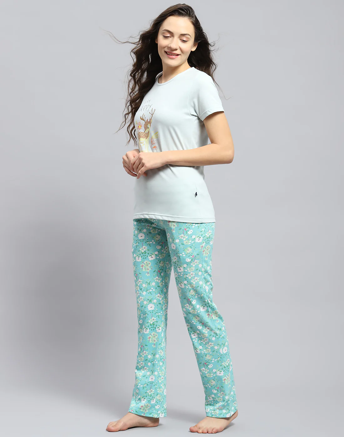 Women Sea Green Printed Round Neck Half Sleeve Lower Set - Image 3