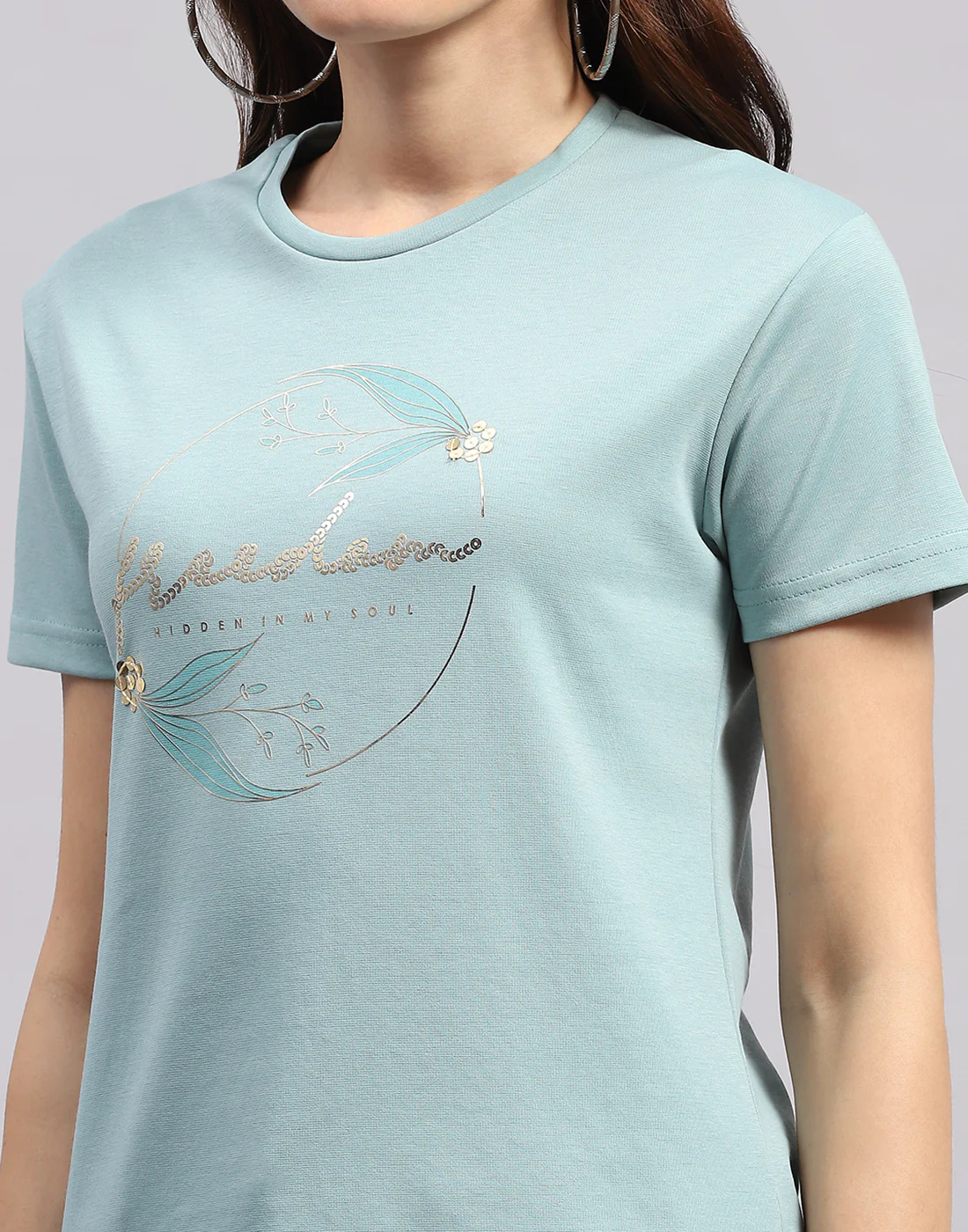 Women Sea Green Printed Round Neck Half Sleeve Top - Image 6