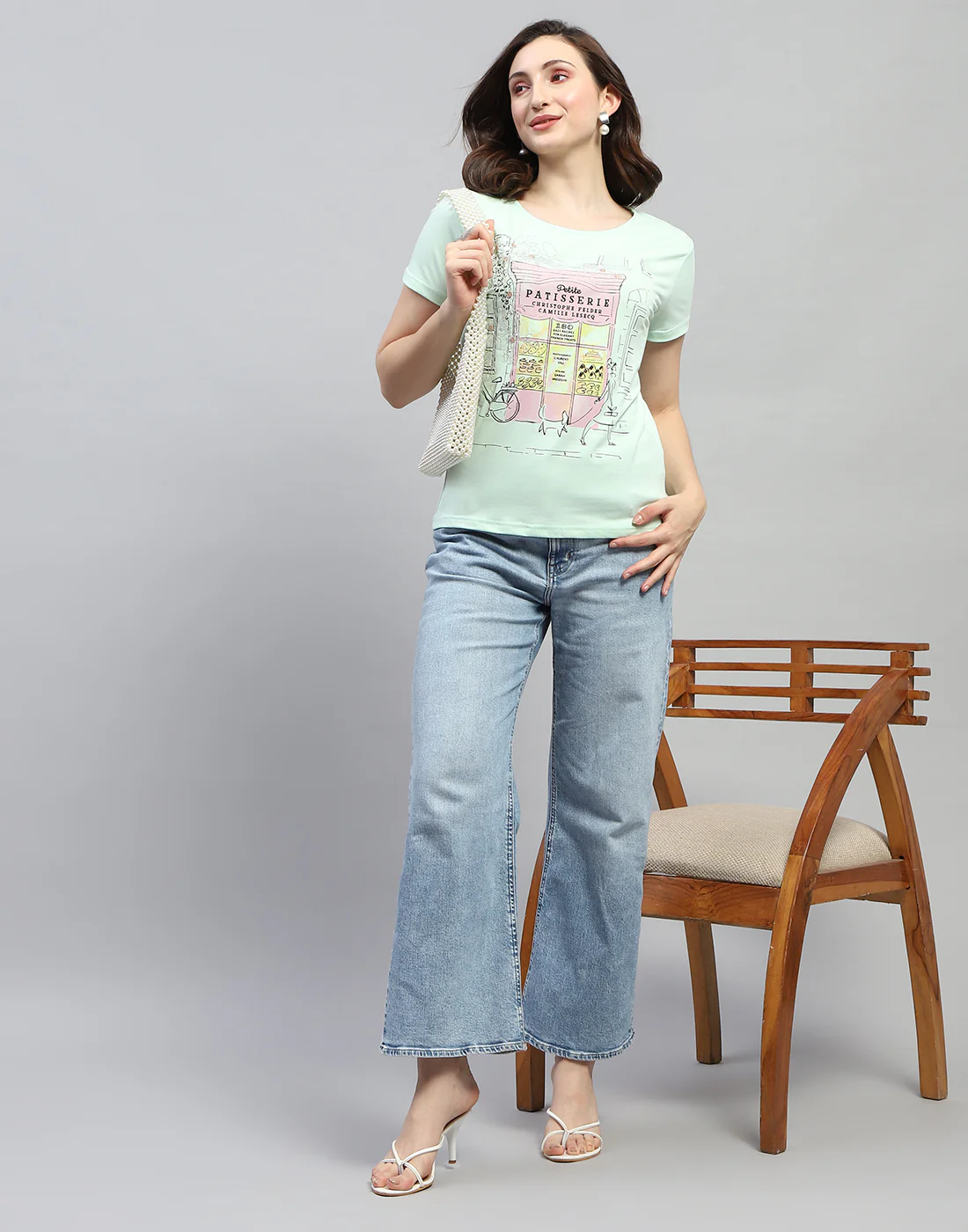 Women Sea Green Printed Round Neck Half Sleeve Top - Image 2