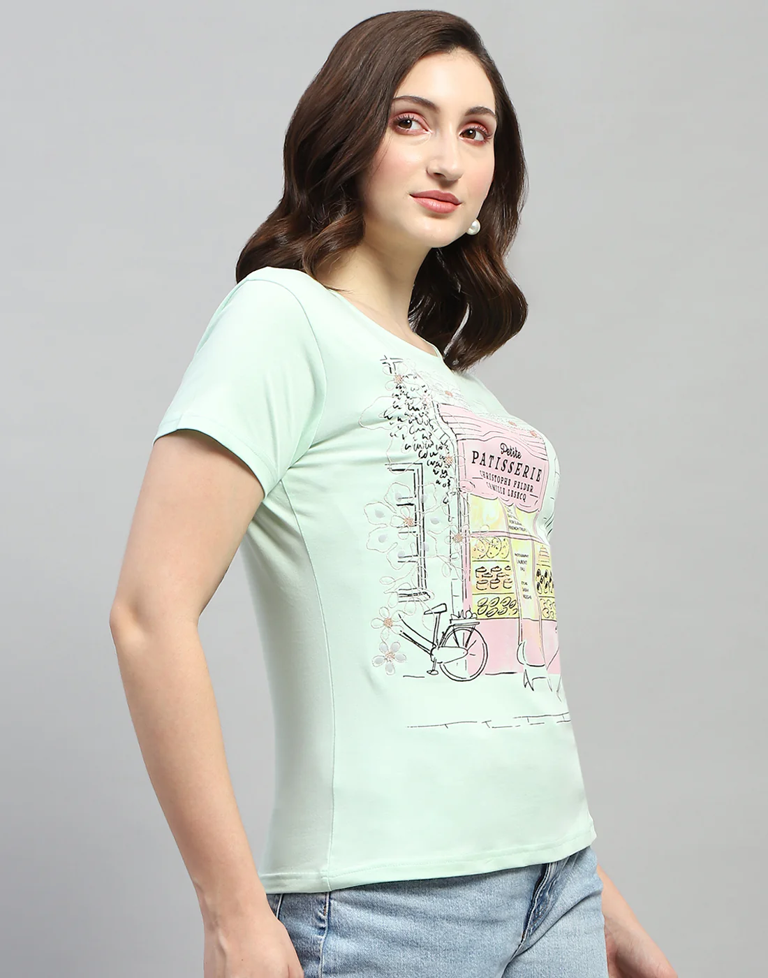 Women Sea Green Printed Round Neck Half Sleeve Top - Image 4