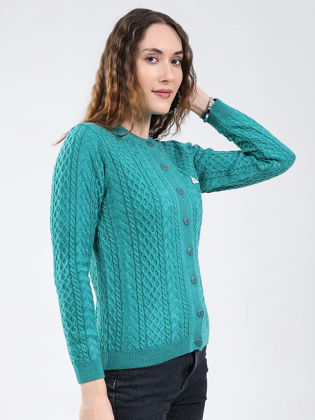 Women Sea Green Self Design Round Neck Full Sleeve Cardigan - Image 4