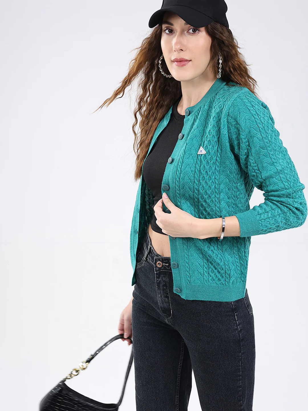 Women Sea Green Self Design Round Neck Full Sleeve Cardigan - Image 6