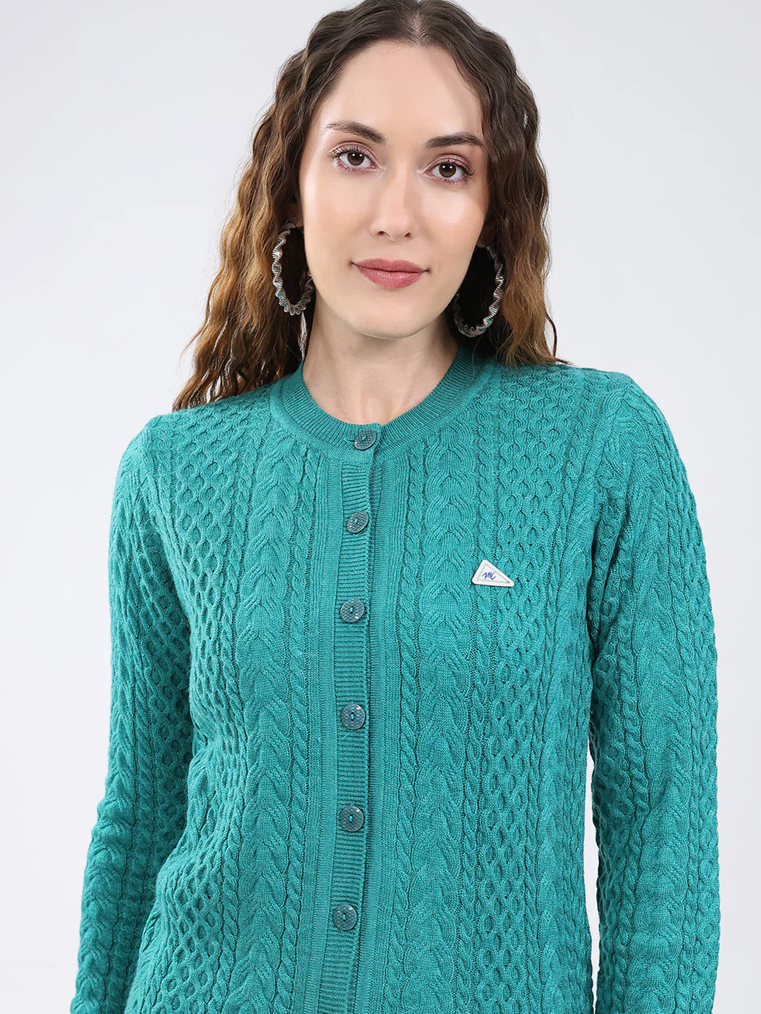 Women Sea Green Self Design Round Neck Full Sleeve Cardigan - Image 8