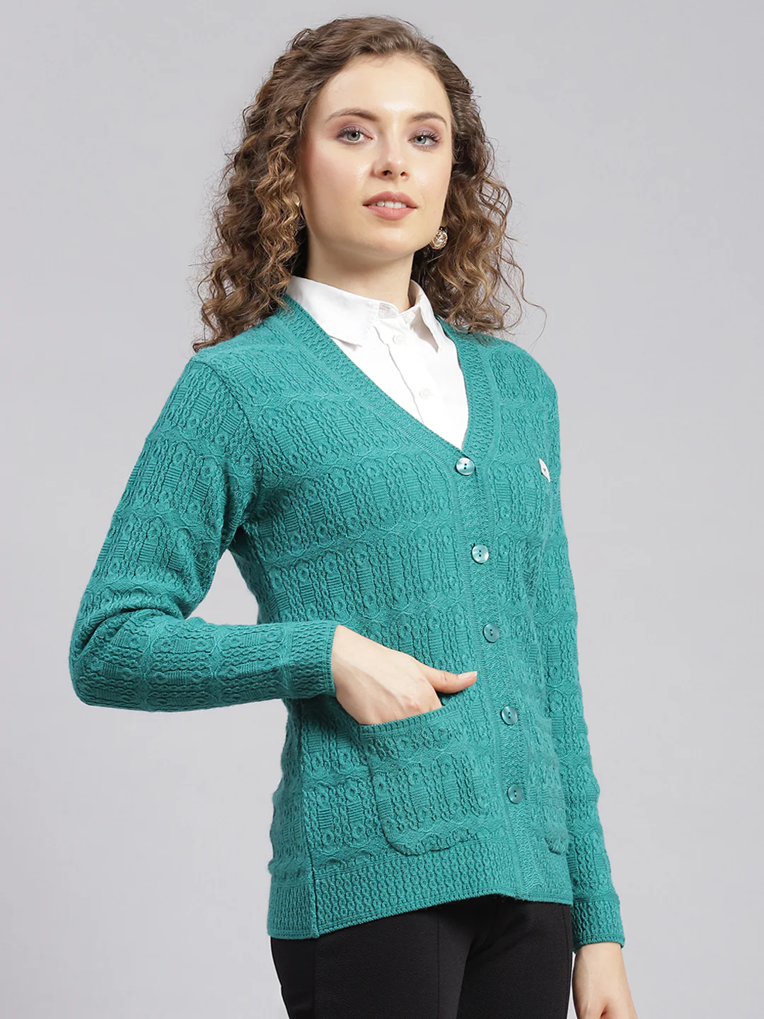 Women Sea Green Self Design Wool blend Cardigan - Image 2
