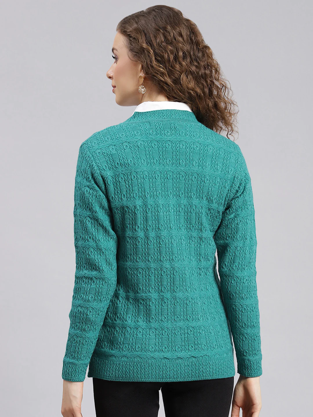 Women Sea Green Self Design Wool blend Cardigan - Image 4