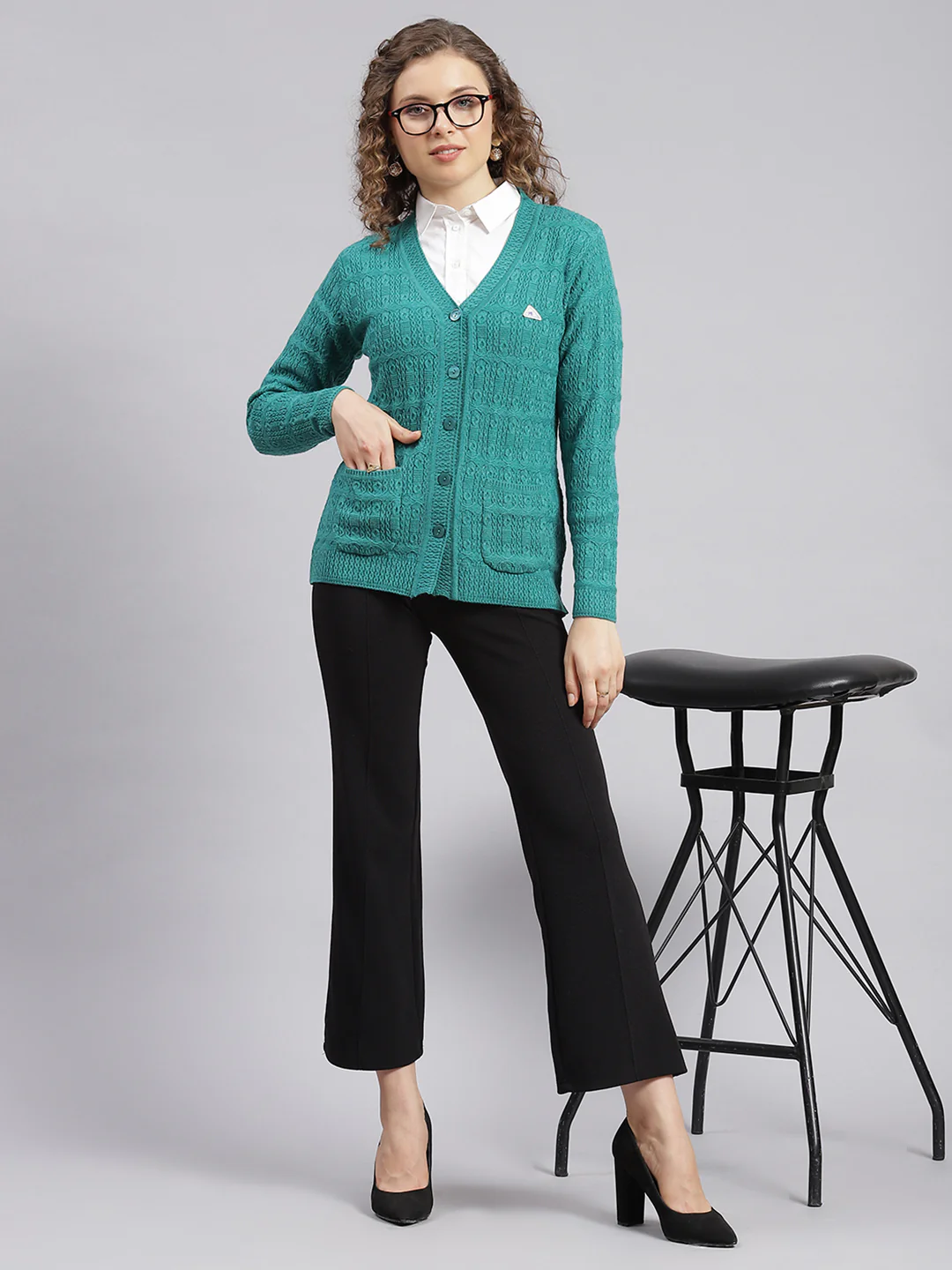 Women Sea Green Self Design Wool blend Cardigan - Image 5