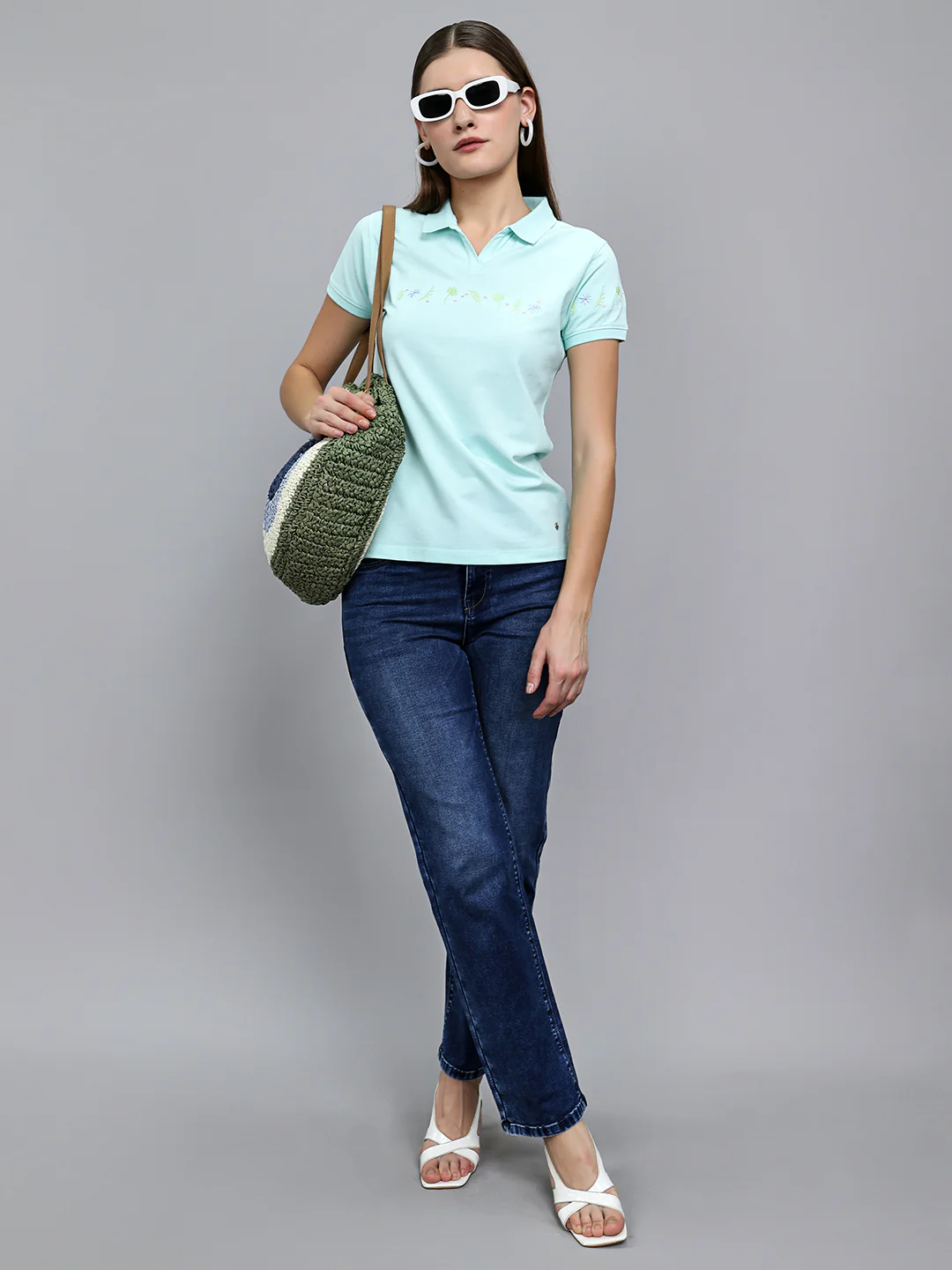 Women Sea Green Solid Collar Half Sleeve T-Shirt - Image 6