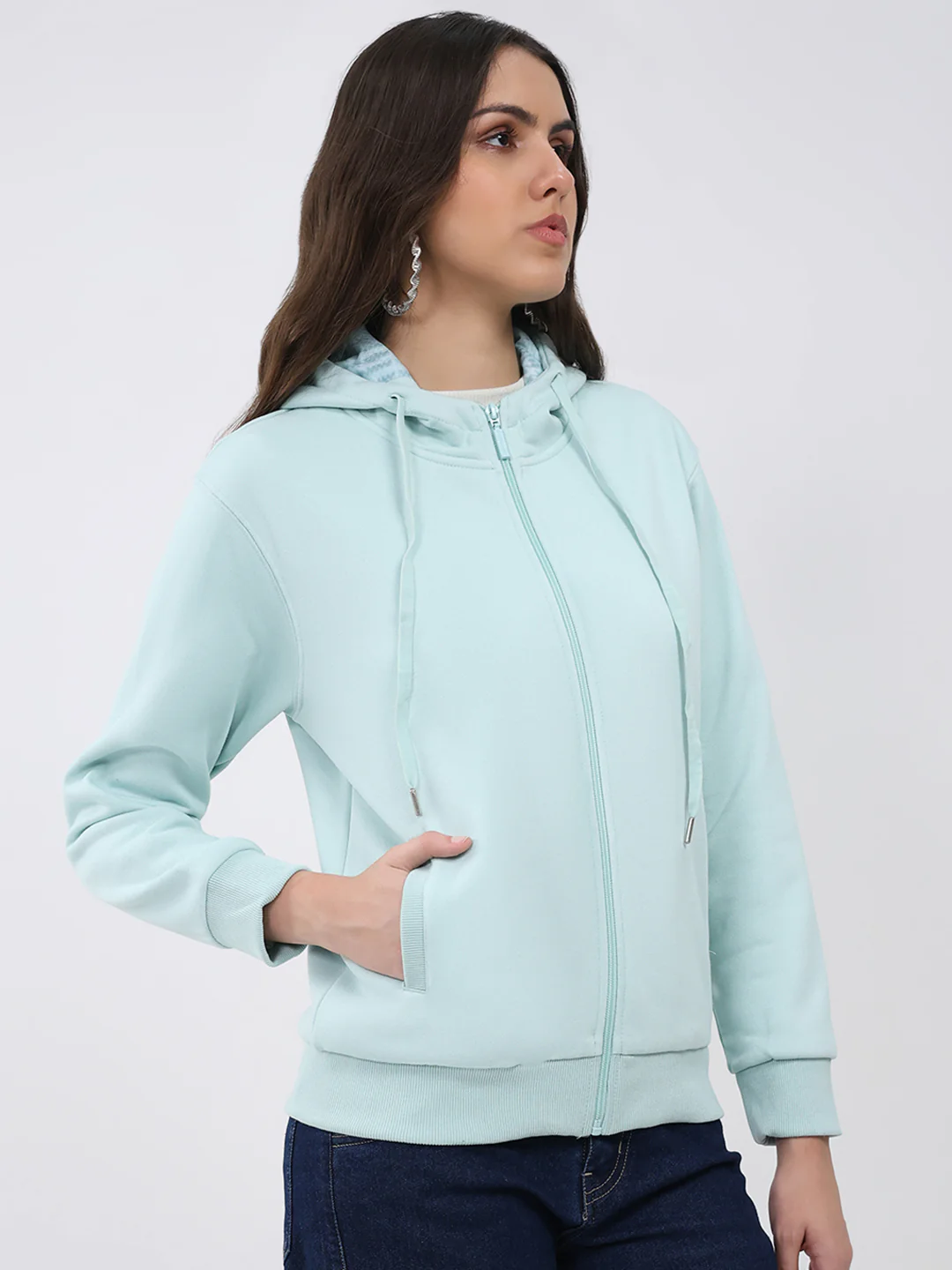 Women Sea Green Solid Hooded Full Sleeve Sweatshirt - Image 4