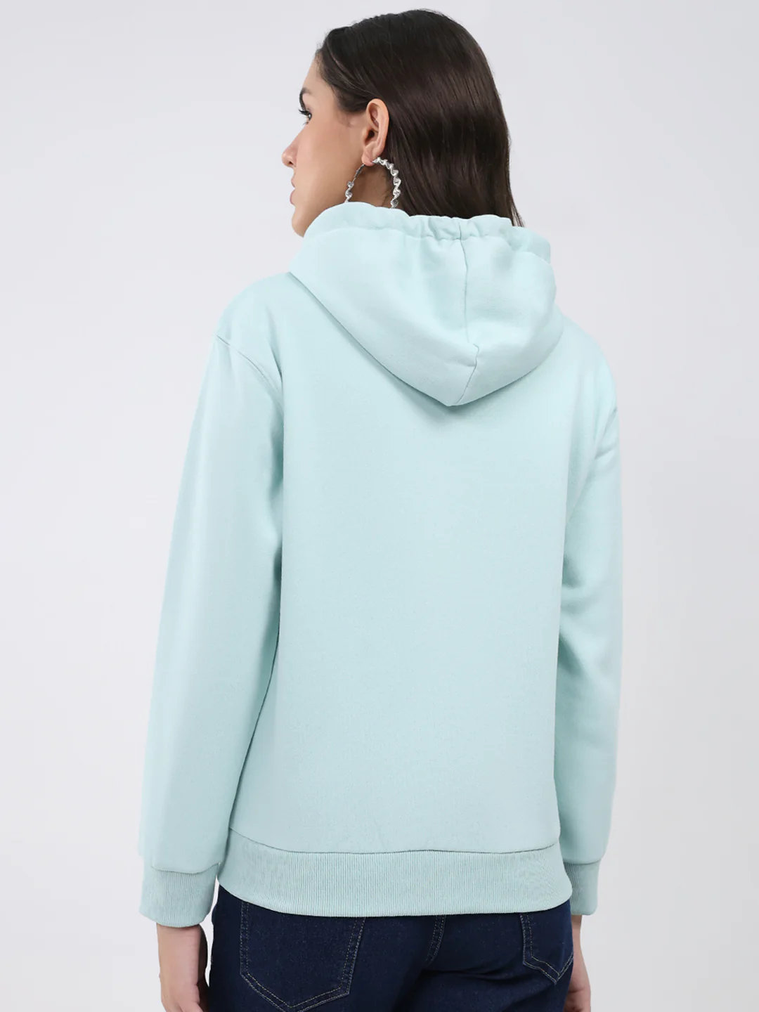 Women Sea Green Solid Hooded Full Sleeve Sweatshirt - Image 5