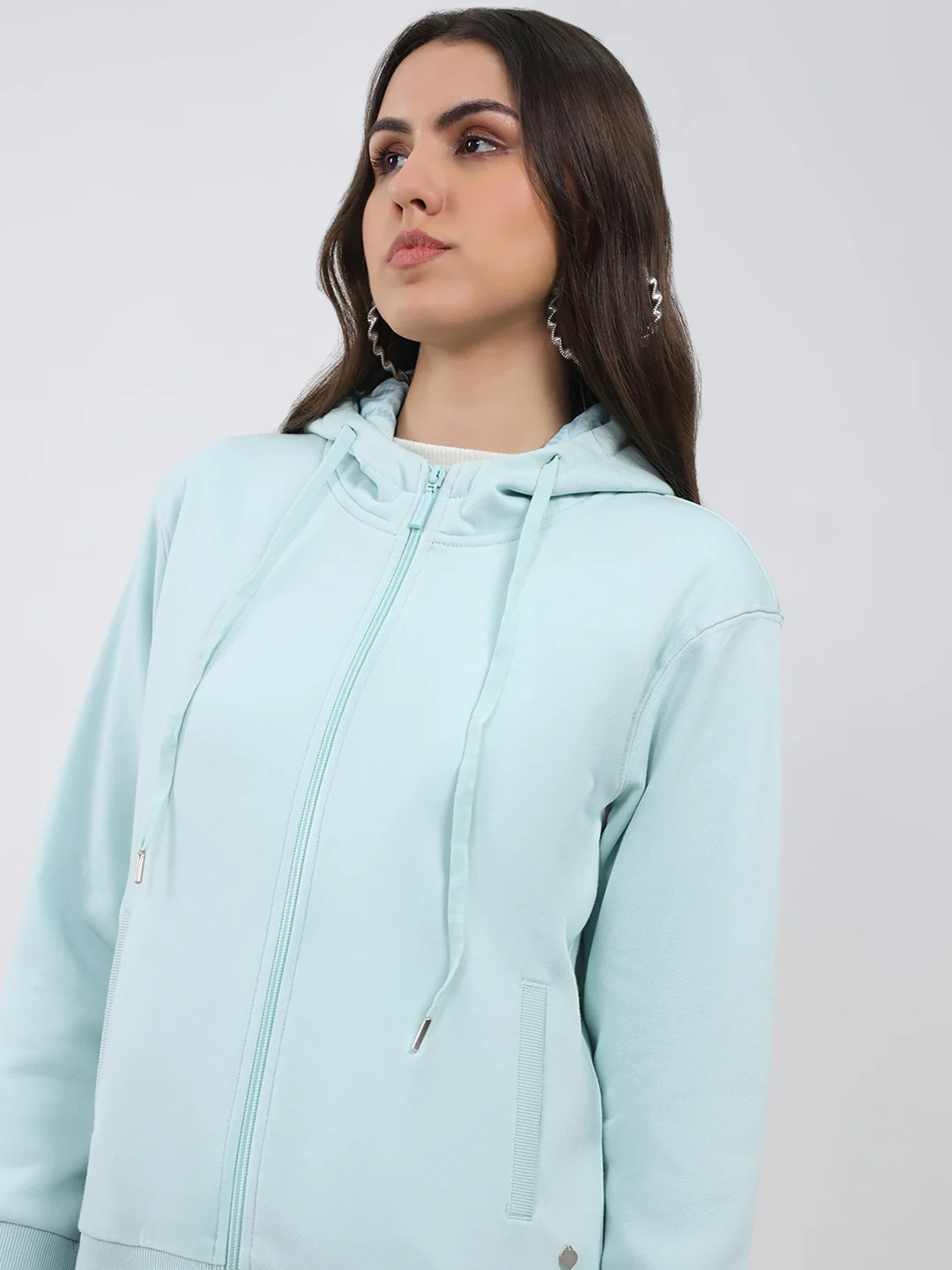 Women Sea Green Solid Hooded Full Sleeve Sweatshirt - Image 6