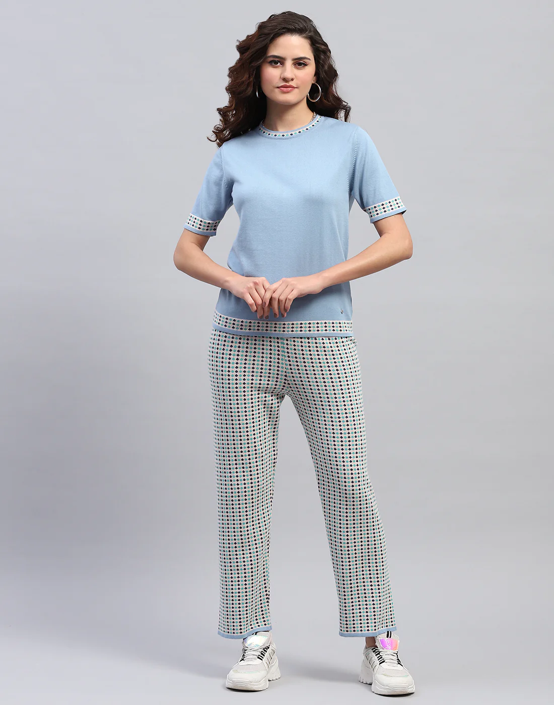 Women Sky Blue Jaquard Round Neck Half Sleeve Cords Set - Image 2