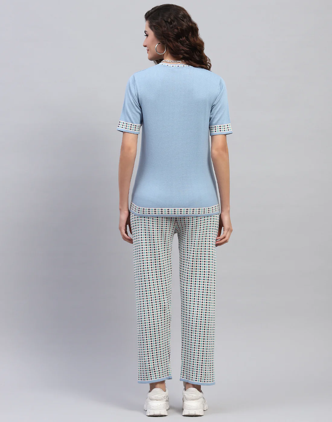 Women Sky Blue Jaquard Round Neck Half Sleeve Cords Set - Image 5