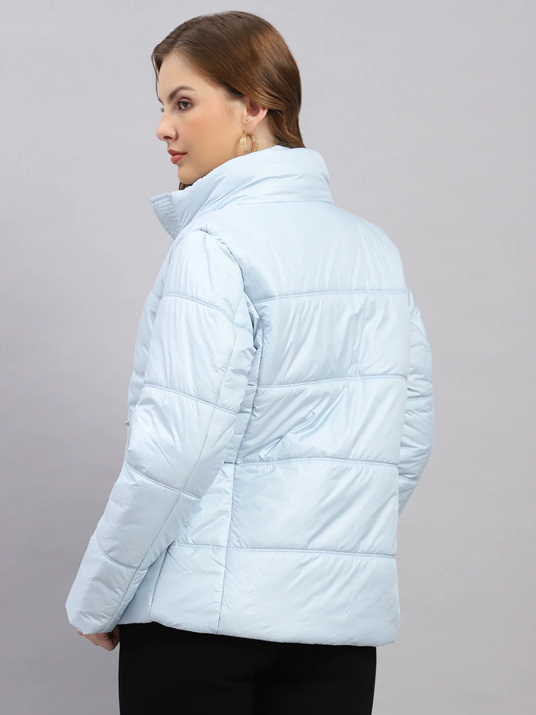 Women Sky Blue Printed Collar Full Sleeve Jacket - Image 5