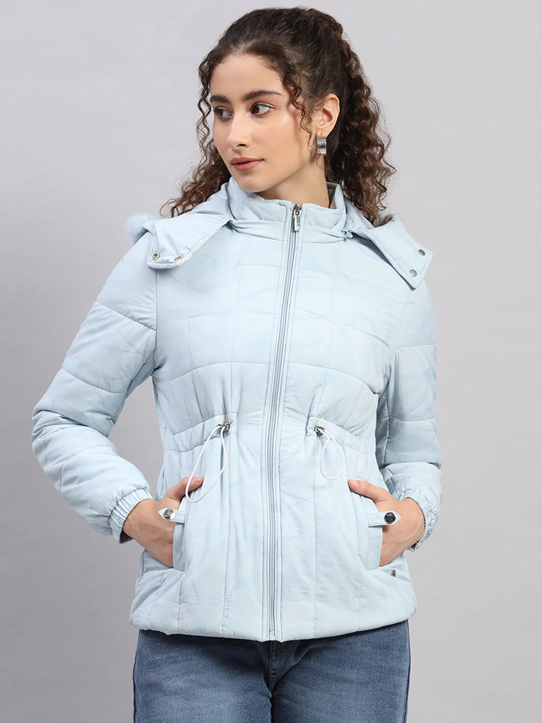 Women Sky Blue Printed Hooded Full Sleeve Jacket (-10° Protection)