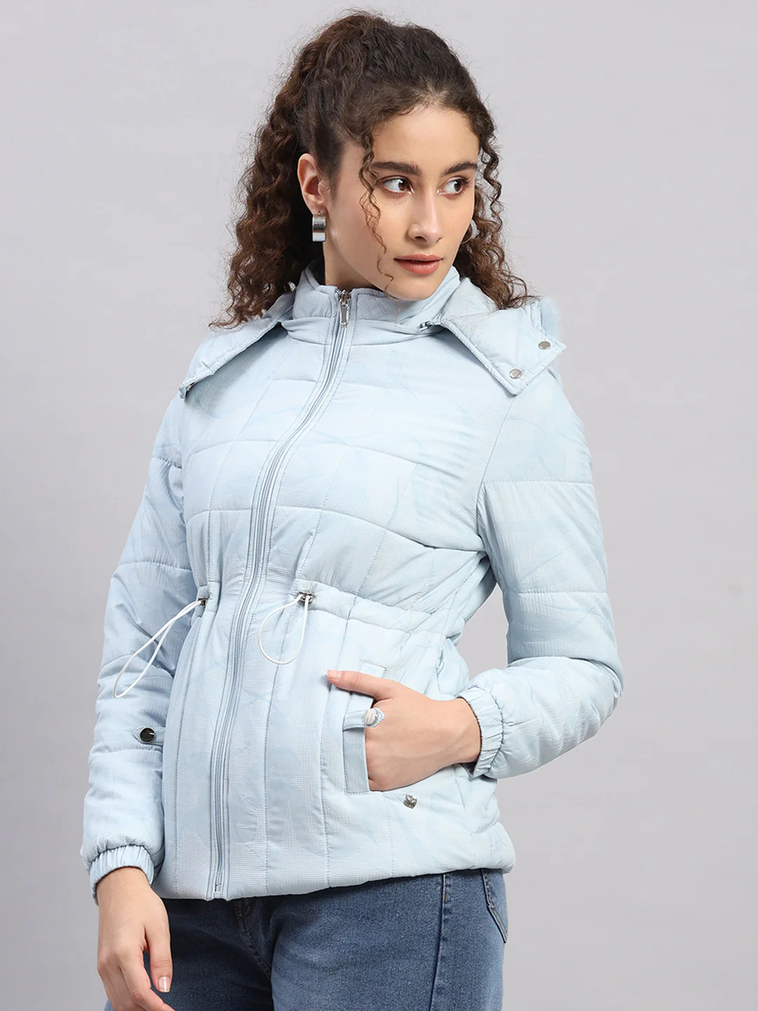 Women Sky Blue Printed Hooded Full Sleeve Jacket (-10° Protection) - Image 3