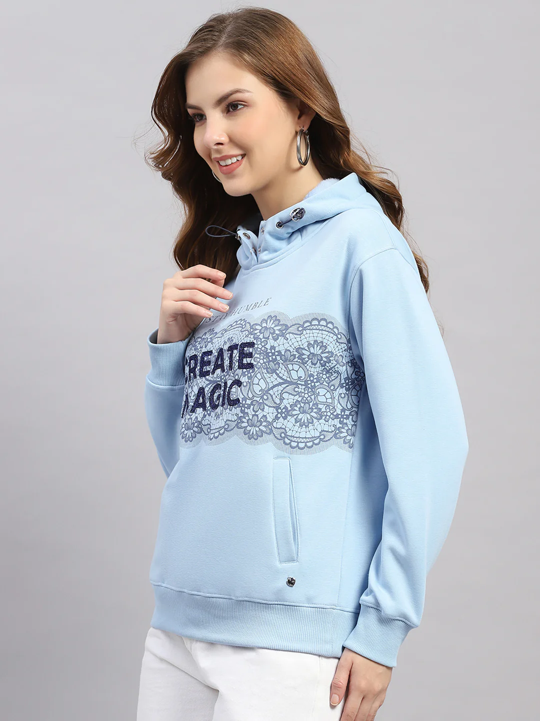 Women Sky Blue Printed Hooded Full Sleeve Sweatshirt - Image 3