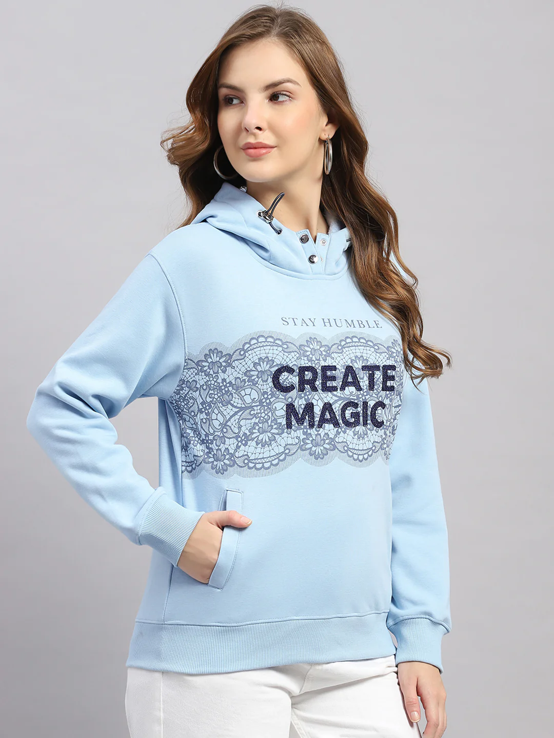 Women Sky Blue Printed Hooded Full Sleeve Sweatshirt - Image 4