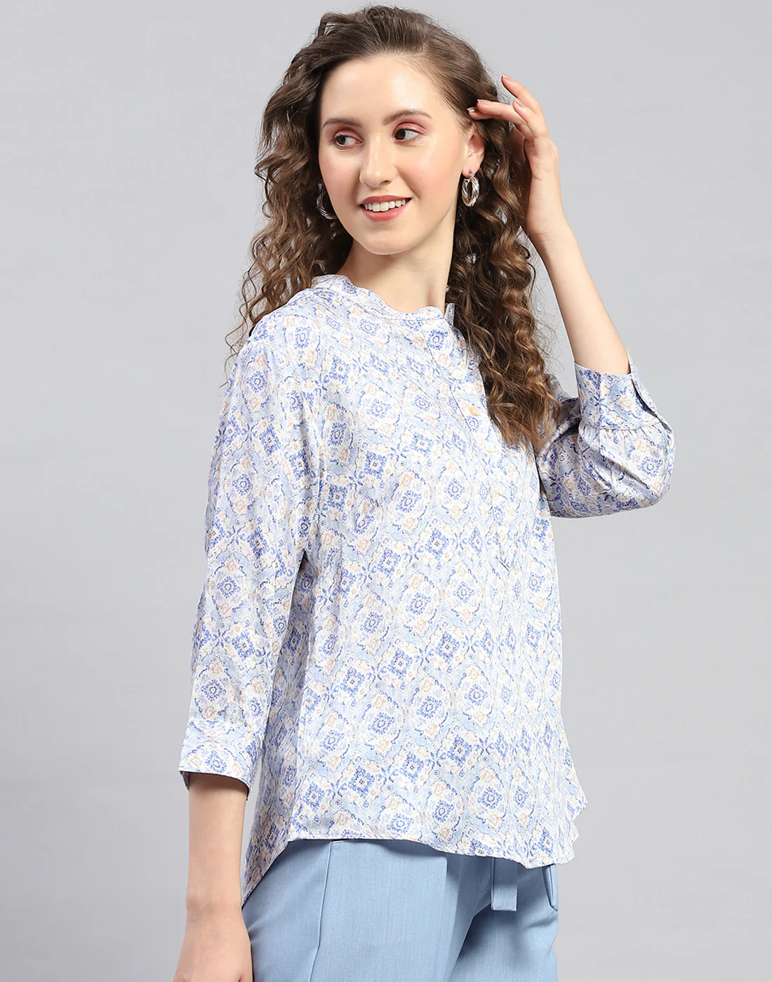 Women Sky Blue Printed  Mandarin Neck 3/4 Sleeve Top - Image 4