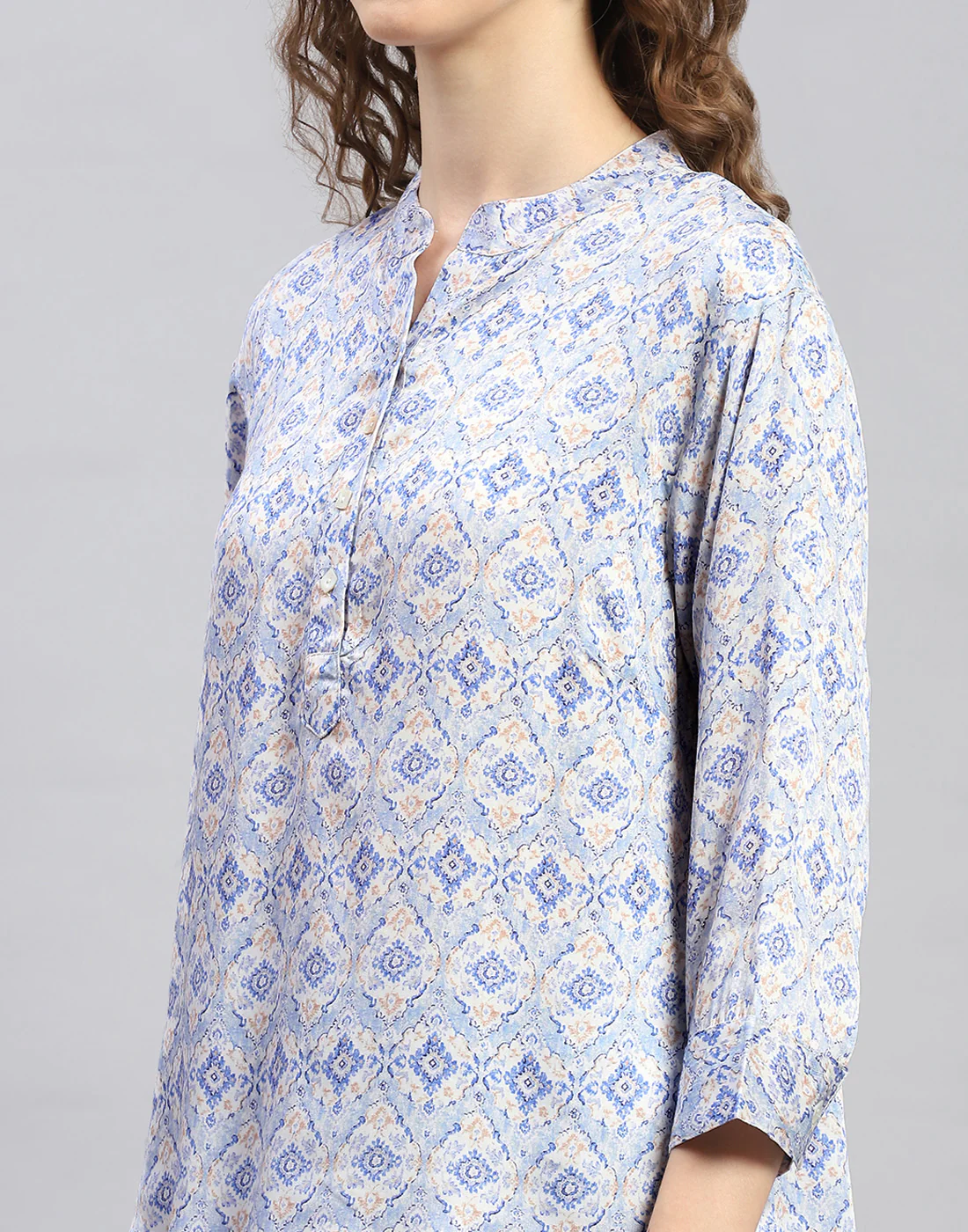 Women Sky Blue Printed  Mandarin Neck 3/4 Sleeve Top - Image 6