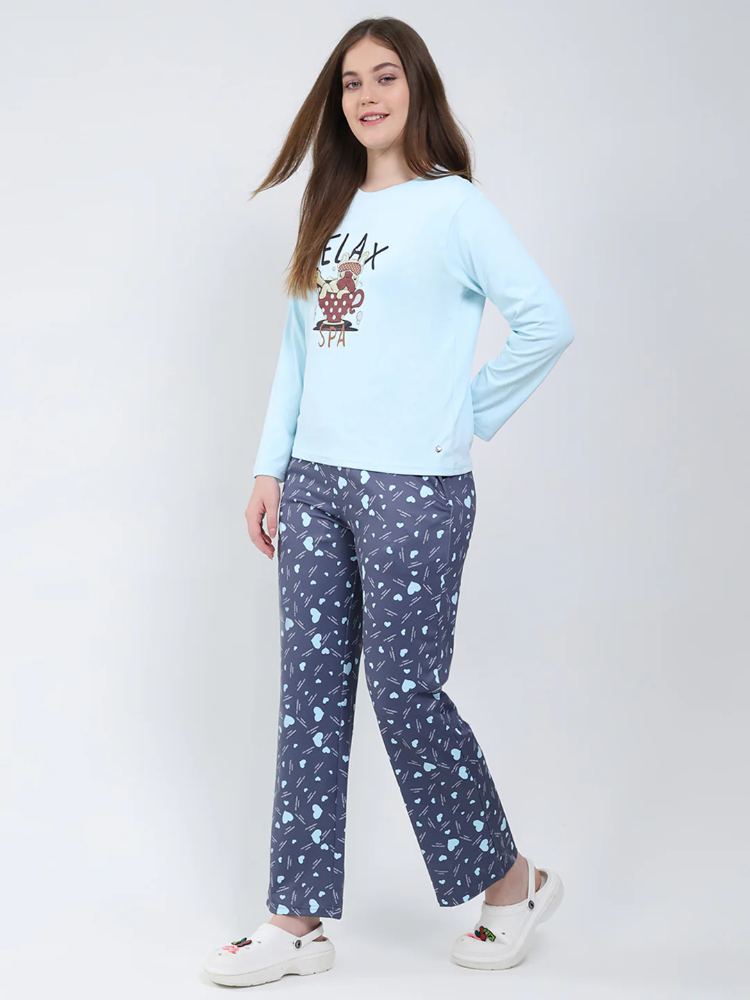 Women Sky Blue Printed Round Neck Full Sleeve Lower Set - Image 3